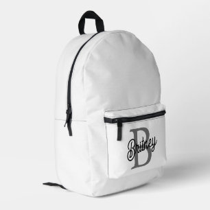 Modern Elegant Monogram Name Black Grey Script Printed Backpack