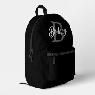 Modern Elegant Monogram Name Black Grey Script Printed Backpack