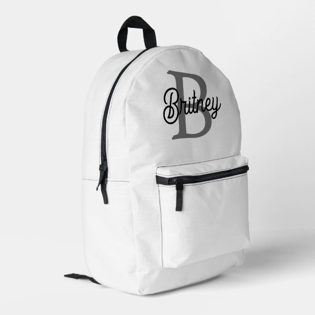 Modern Elegant Monogram Name  Black Grey Script  Printed Backpack (Back Corner Left)