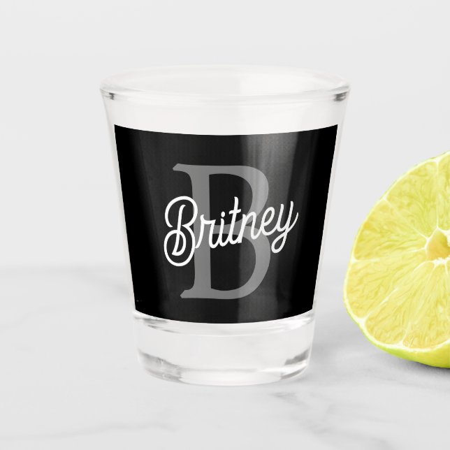 Modern Elegant Monogram Name  Black Grey Script  Shot Glass (Front)