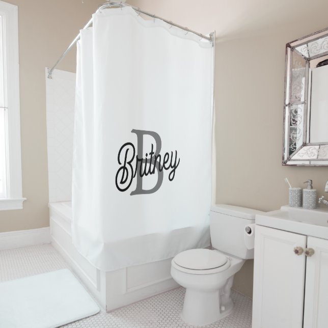 Modern Elegant Monogram Name  Black Grey Script  Shower Curtain (In Situ)