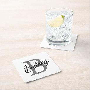 Modern Elegant Monogram Name  Black Grey Script  Square Paper Coaster