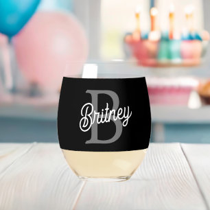 Modern Elegant Monogram Name  Black Grey Script  Stemless Wine Glass