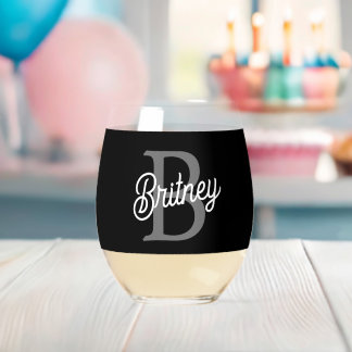 Modern Elegant Monogram Name  Black Grey Script  Stemless Wine Glass
