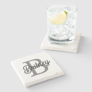 Modern Elegant Monogram Name  Black Grey Script  Stone Coaster