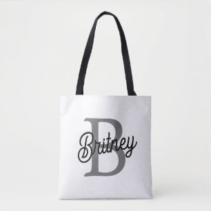 Modern Elegant Monogram Name Black Grey Script Tote Bag