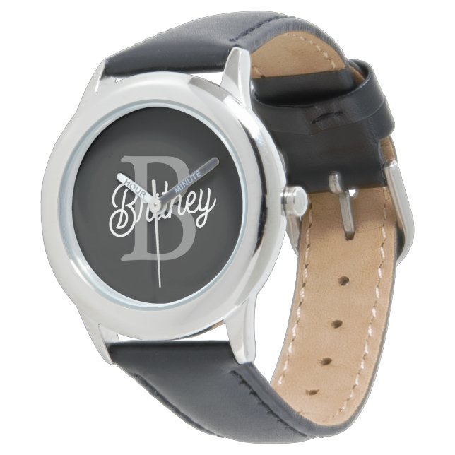 Modern Elegant Monogram Name  Black Grey Script  Watch (Angled)