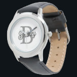 Modern Elegant Monogram Name  Black Grey Script  Watch<br><div class="desc">The Modern Elegant Monogram Name Black Grey Script Watch is a blend of timeless elegance and personalised style. This sophisticated timepiece features a classic black watch face with an elegant grey script displaying your custom monogram and name. The design combines a sleek and understated aesthetic with the practicality of a...</div>