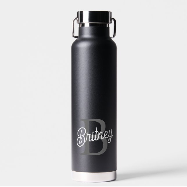 Modern Elegant Monogram Name  Black Grey Script  Water Bottle (Front)