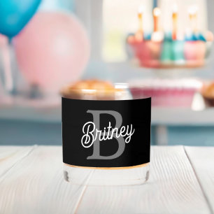 Modern Elegant Monogram Name  Black Grey Script  Whiskey Glass