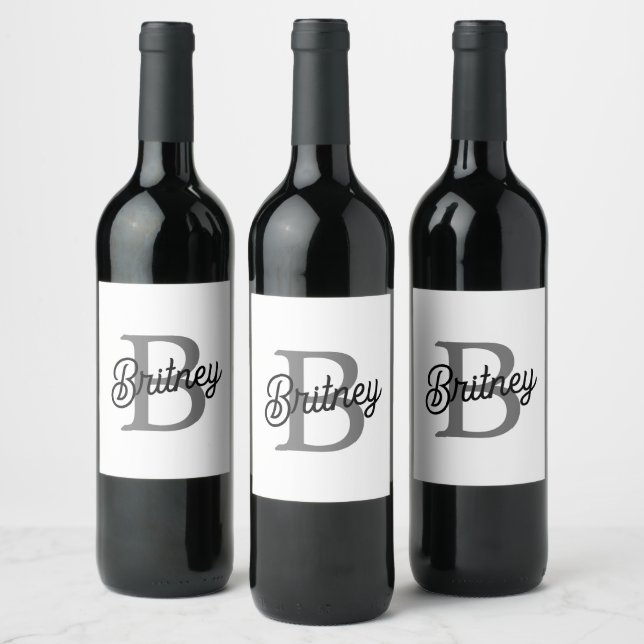 Modern Elegant Monogram Name  Black Grey Script  Wine Label (Bottles)
