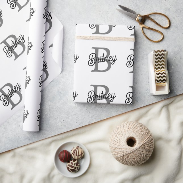 Modern Elegant Monogram Name  Black Grey Script  Wrapping Paper (Crafts)