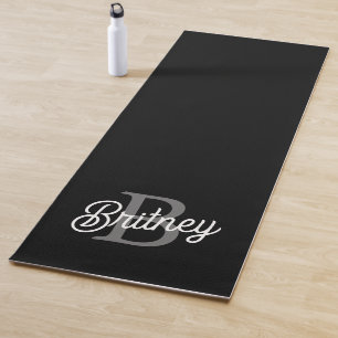 Modern Elegant Monogram Name Black Grey Script Yoga Mat