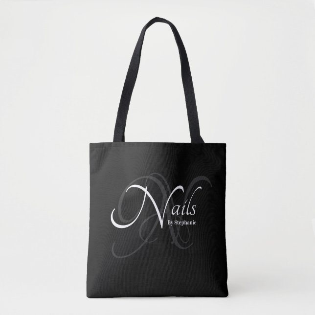 Modern Elegant Monogram Name Nail Artist Black Tote Bag (Front)