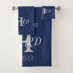 Modern Elegant Monogram Navy Blue White Wedding Bath Towel Set<br><div class="desc">Personalised Stylish,  modern navy blue and white monogram design with bride and groom last name and initial. Navy blue towels design. Perfect gift for newlyweds,  and house together. You can customise it with last names,  letter initial and year.</div>