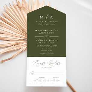 Modern Elegant Monogram Olive Green Wedding All In One Invitation