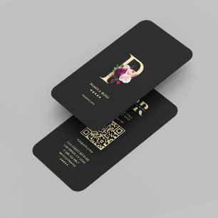 Modern Elegant Monogram P Floral Black Gold Business Card