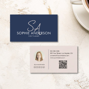 Modern Elegant Monogram Photo Navy Blue Blush Pink Business Card