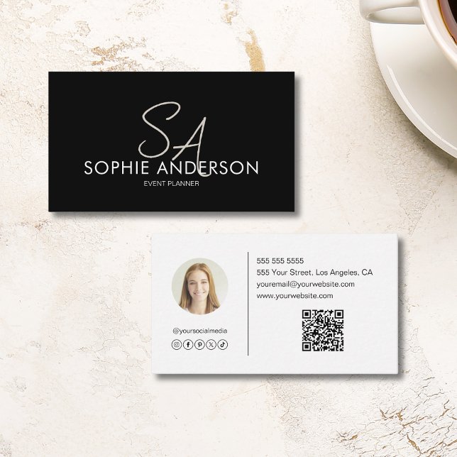 Modern Elegant Monogram Photo QR Black and White Business Card (Modern Elegant Monogram Photo QR Black and White Business Card)