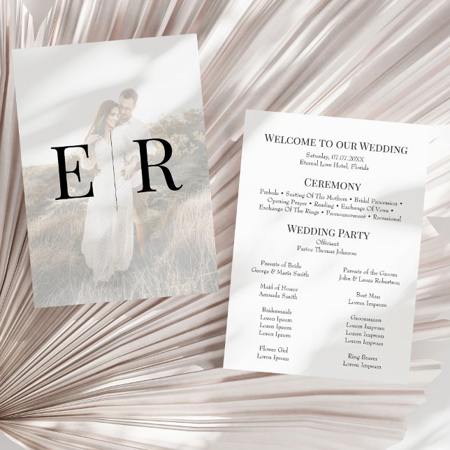 Modern Elegant Monogram Photo Wedding Program (Modern Elegant Monogram Photo Wedding Program on a sunny white dry palm leaf.)