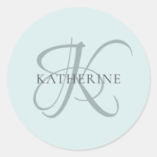 Modern Elegant Monogram Script Aqua Blue Classic Round Sticker