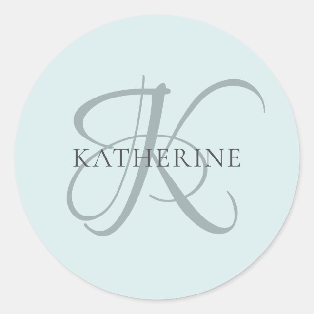 Modern Elegant Monogram Script Aqua Blue Classic Round Sticker (Front)