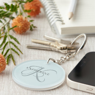 Modern Elegant Monogram Script Aqua Blue Key Ring