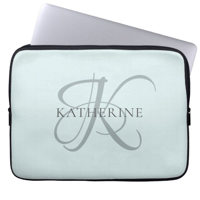 Modern Elegant Monogram Script Aqua Blue Laptop Sleeve (Front)