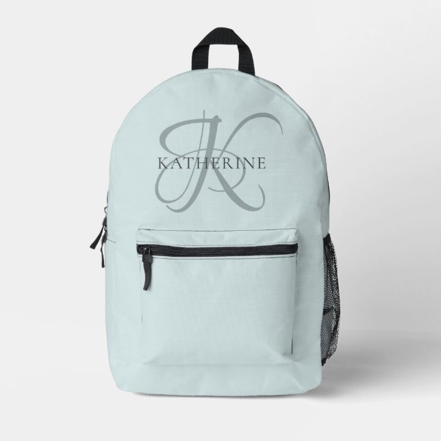Modern Elegant Monogram Script Aqua Blue Printed Backpack (Front)