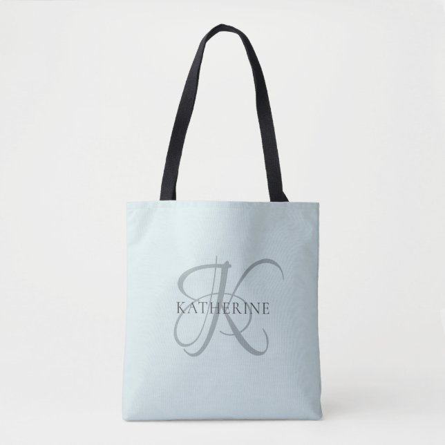 Modern Elegant Monogram Script Aqua Blue Tote Bag (Front)