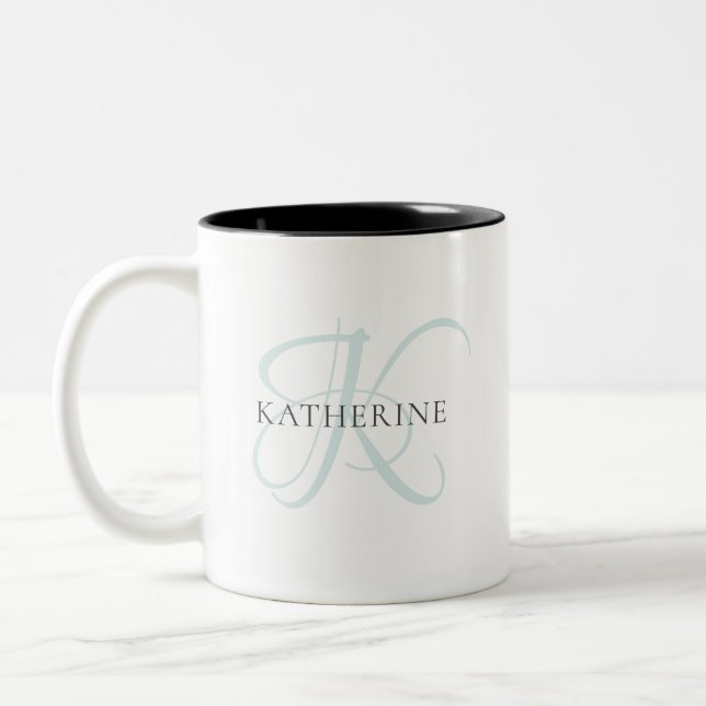 Modern Elegant Monogram Script Aqua Blue Two-Tone Coffee Mug (Left)
