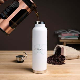 Modern Elegant Monogram Script Aqua Blue Water Bottle