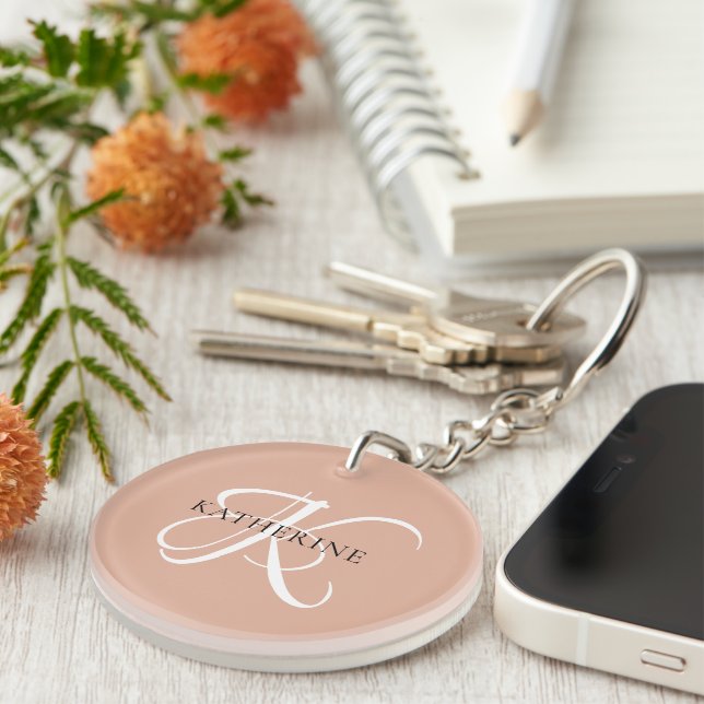 Modern Elegant Monogram Script Blush Pink Key Ring (Front Right)
