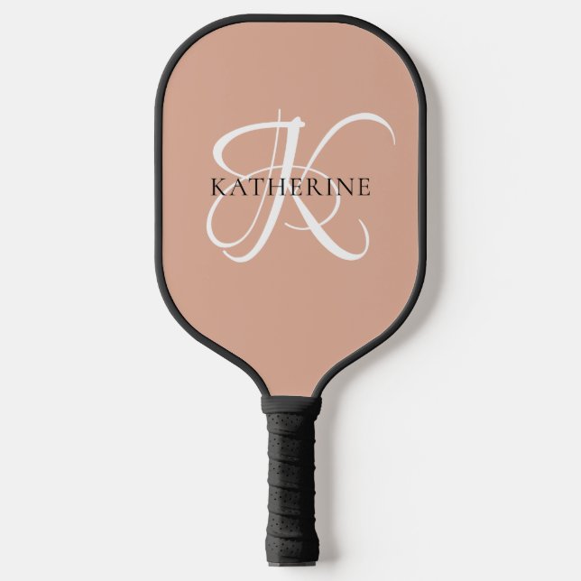 Modern Elegant Monogram Script Blush Pink Pickleball Paddle (Front)