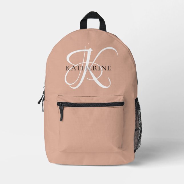 Modern Elegant Monogram Script Blush Pink Printed Backpack (Front)
