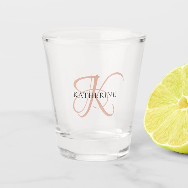Modern Elegant Monogram Script Blush Pink Shot Glass (Front)