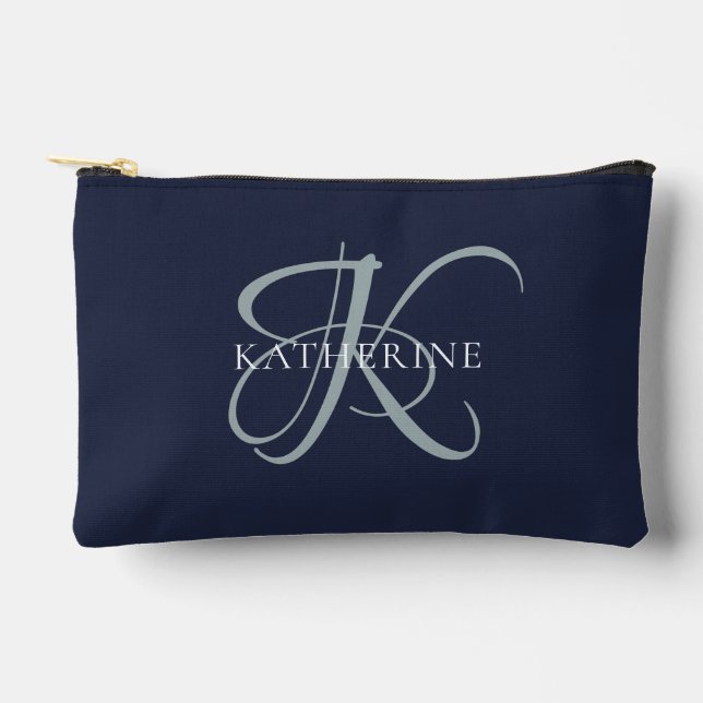 Modern Elegant Monogram Script Navy Blue Accessory Pouch (Front)