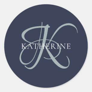 Modern Elegant Monogram Script Navy Blue Classic Round Sticker