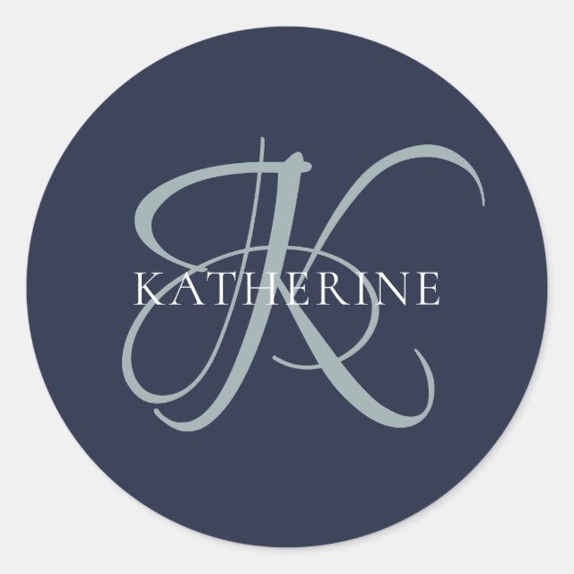 Modern Elegant Monogram Script Navy Blue Classic Round Sticker (Front)