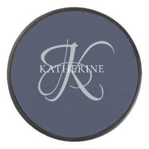 Modern Elegant Monogram Script Navy Blue Hockey Puck