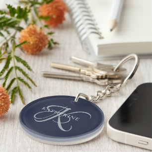 Modern Elegant Monogram Script Navy Blue Key Ring