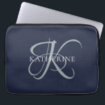 Modern Elegant Monogram Script Navy Blue Laptop Sleeve<br><div class="desc">The elegant design features your initial in a gorgeous calligraphy script with flourishes that wrap around your family name.  Makes a great gift for grandma,  a birthday,  for Mother's Day,  or any other family holiday.</div>
