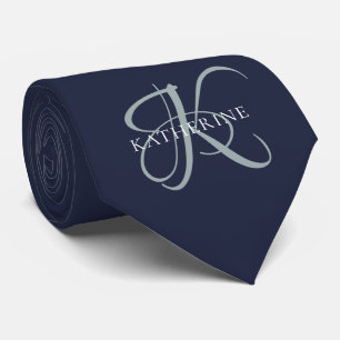 Modern Elegant Monogram Script Navy Blue Tie