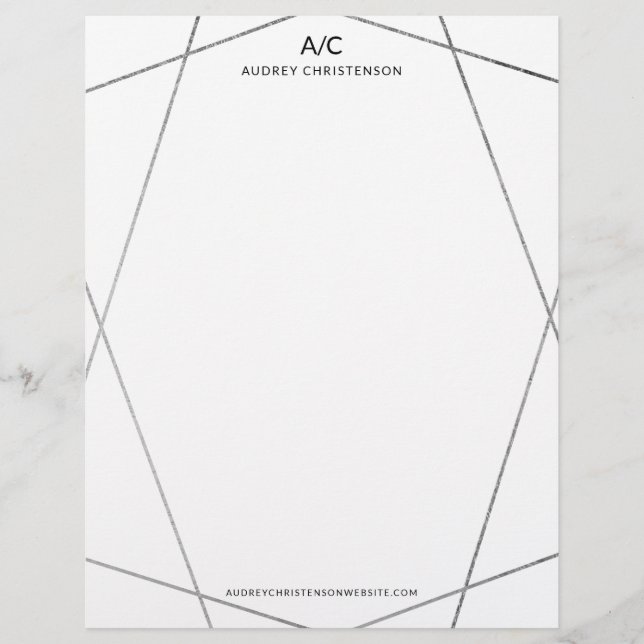 Modern elegant monogram silver geometric frame custom letterhead (Front)