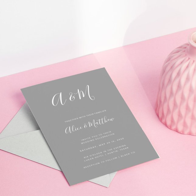 Modern Elegant Monogram Silver White Wedding Invitation (Creator Uploaded)