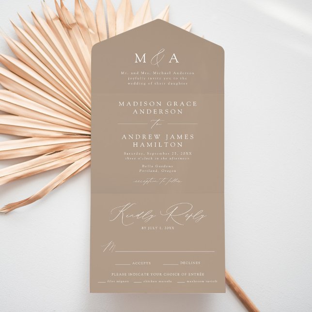 Modern Elegant Monogram Taupe Wedding All In One Invitation (Creator Uploaded)