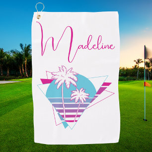 Modern Elegant Monogrammed 1980s Retro Palm Tree Golf Towel