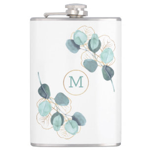 Modern Elegant Monogrammed Eucalyptus Gold  Hip Flask