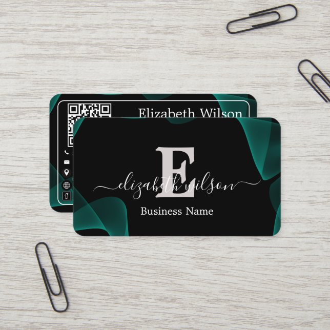 Modern elegant monogrammed QR code business cards (Front/Back In Situ)
