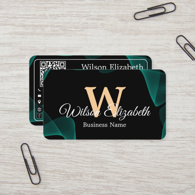 Modern elegant monogrammed QR code business cards (Front/Back In Situ)
